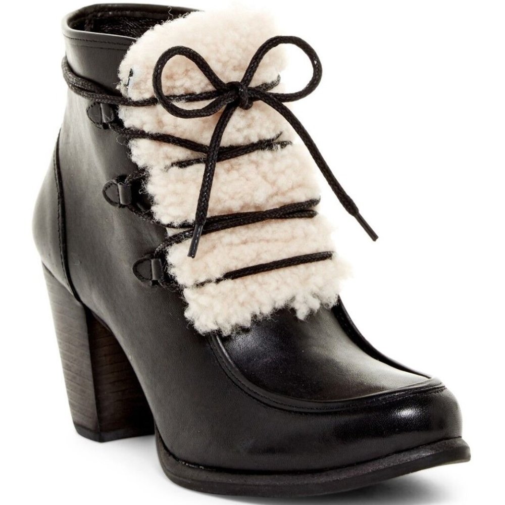UGG Black Leather Ankle Boot with Cream Shearling Front